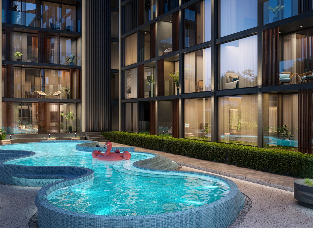 Essence — courtyard pool at night