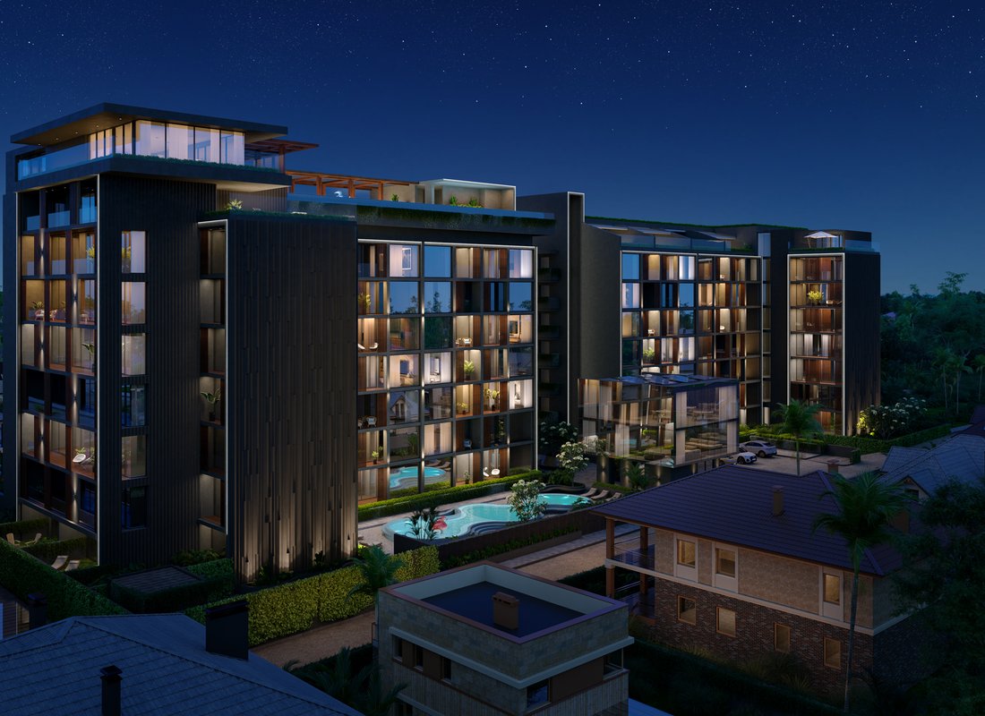 Essence — full complex aerial view at night